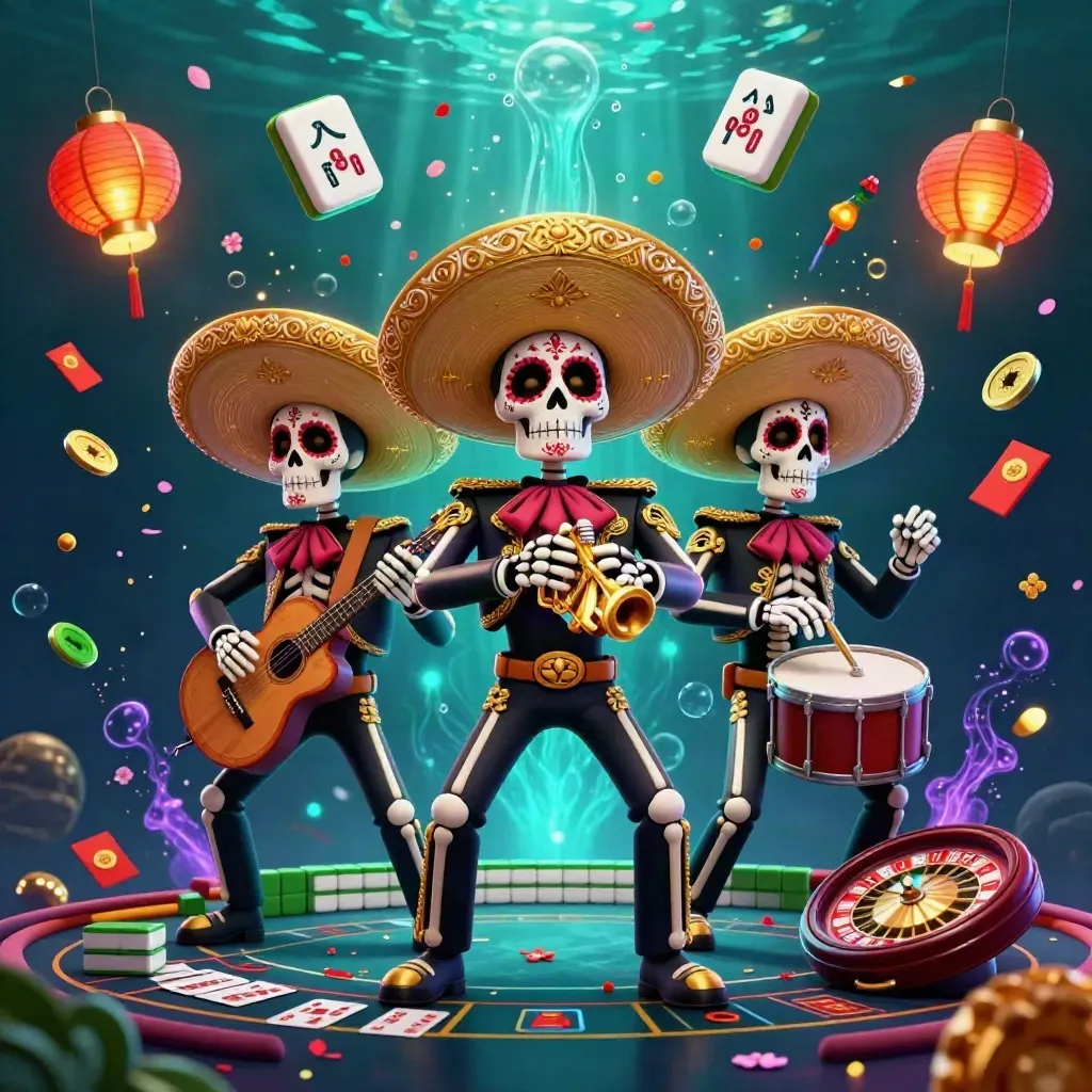 Skeleton mariachi trio amid casino symbols, gold coins, lanterns, and neon underwater glow.