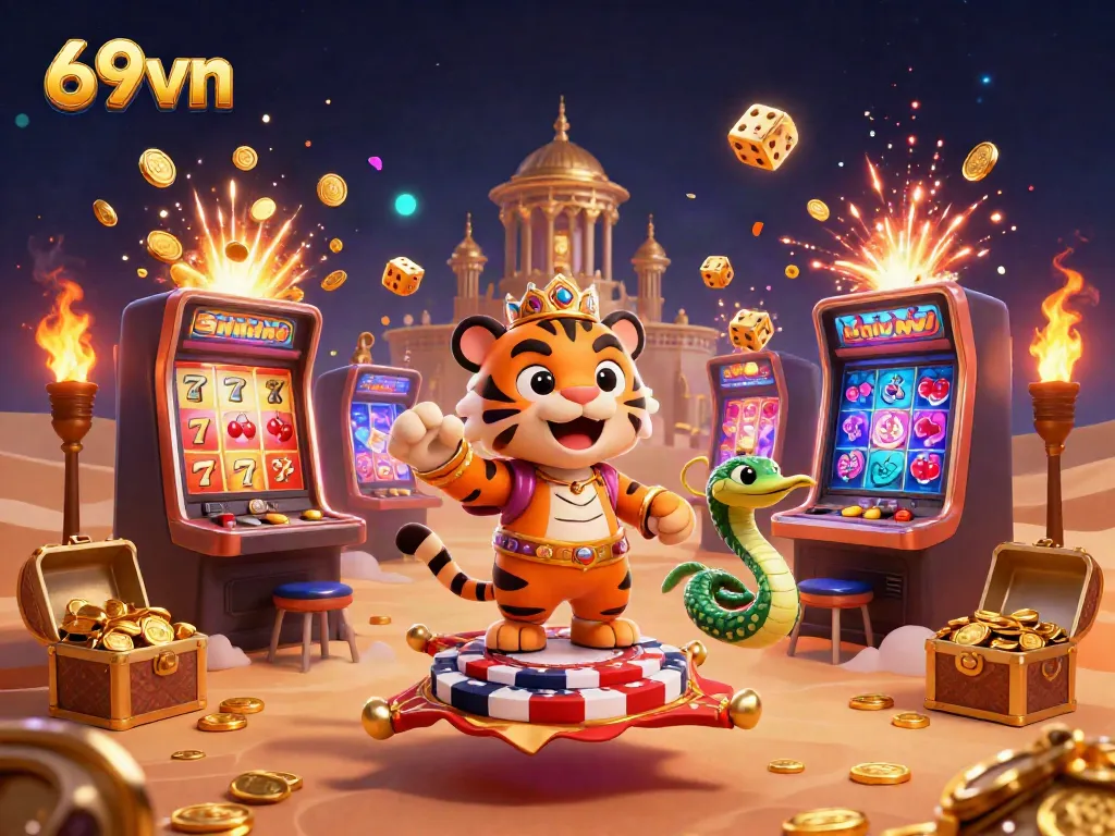 Experience the excitement of 69vn with a vibrant 3D casino scene featuring a jackpot-winning tiger sultan.