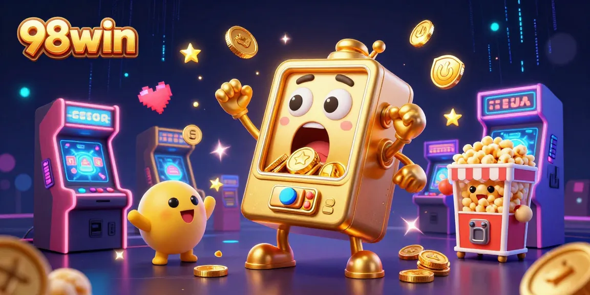 Watch the 98win slot machine hit a jackpot while gold coins cascade in a lively casino scene.