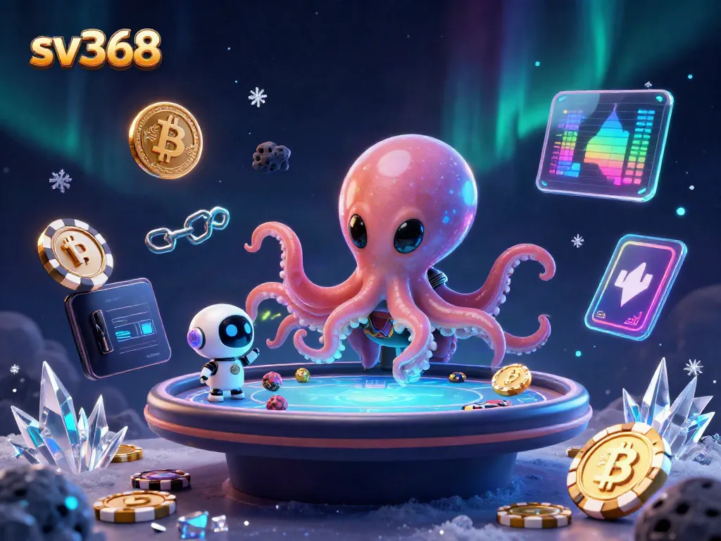 Engage in thrilling gaming at sv368 with a 3D cartoon alien octopus managing a poker table, crypto coins overhead.
