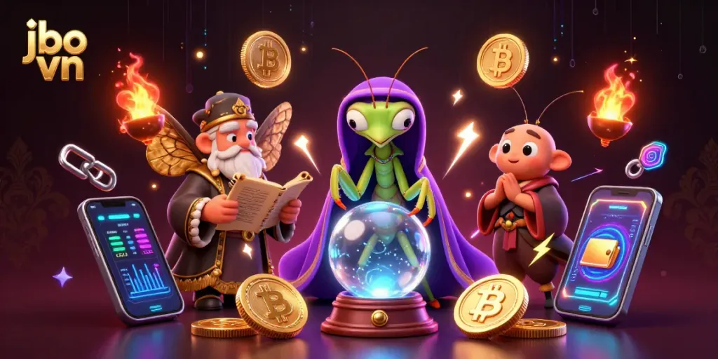 Play at jbo vn with a mystical fortune teller and ancient librarian amidst vibrant gaming elements