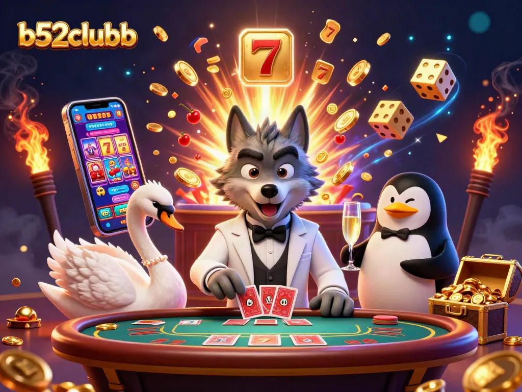 B52clubb offers lively baccarat with a debonair wolf and elegant swan, all in a sparkling casino scene.