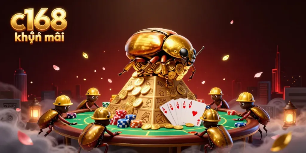 Experience the exciting c168 khuyến mãi with an energetic scene of golden dung beetles rolling coins at a vibrant poker table.