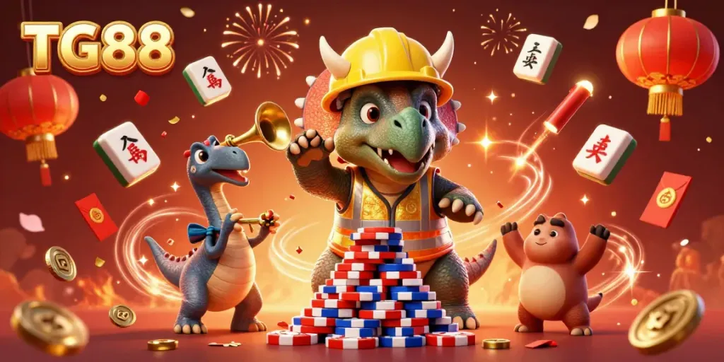 Creating excitement, TG88 showcases a fun scene with characters celebrating while creating poker chip pyramids in a festive atmosphere.
