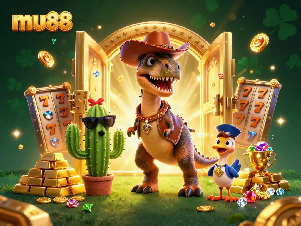 Experience thrilling wins at mu88 with a cowboy dinosaur and vibrant casino elements in a colorful 3D scene.