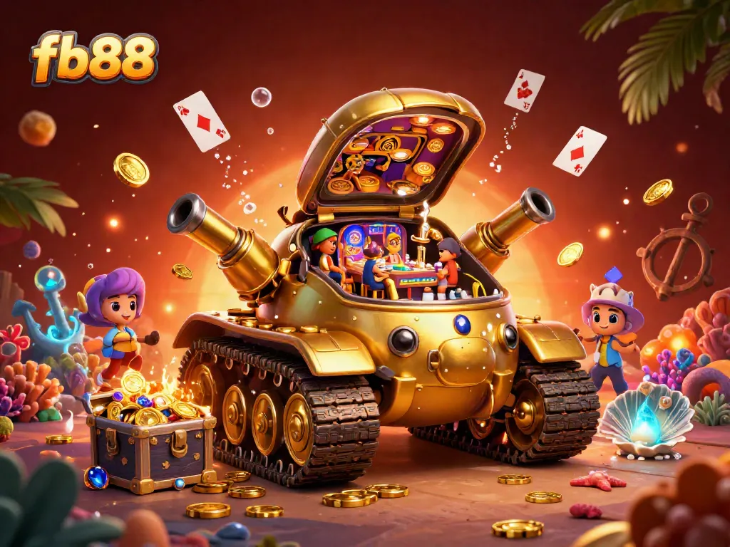 Play and win with fb88 at a dynamic miniature casino scene featuring a golden beetle tank.