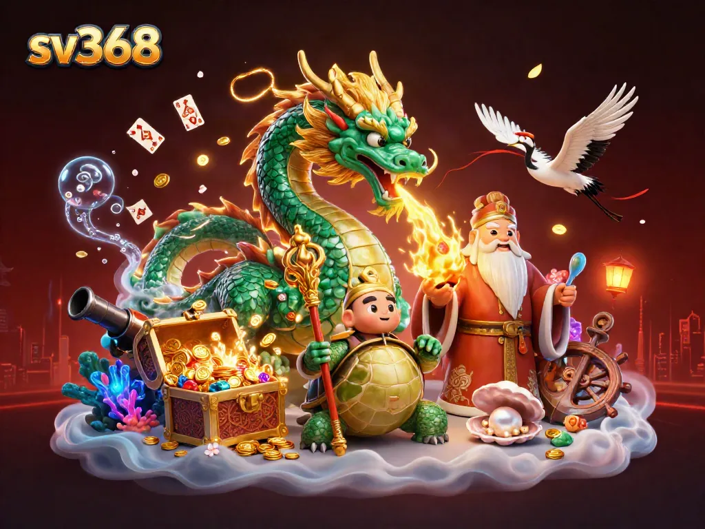 Experience the thrill of sv368 with a vibrant display of dragons, treasures, and energetic casino elements.