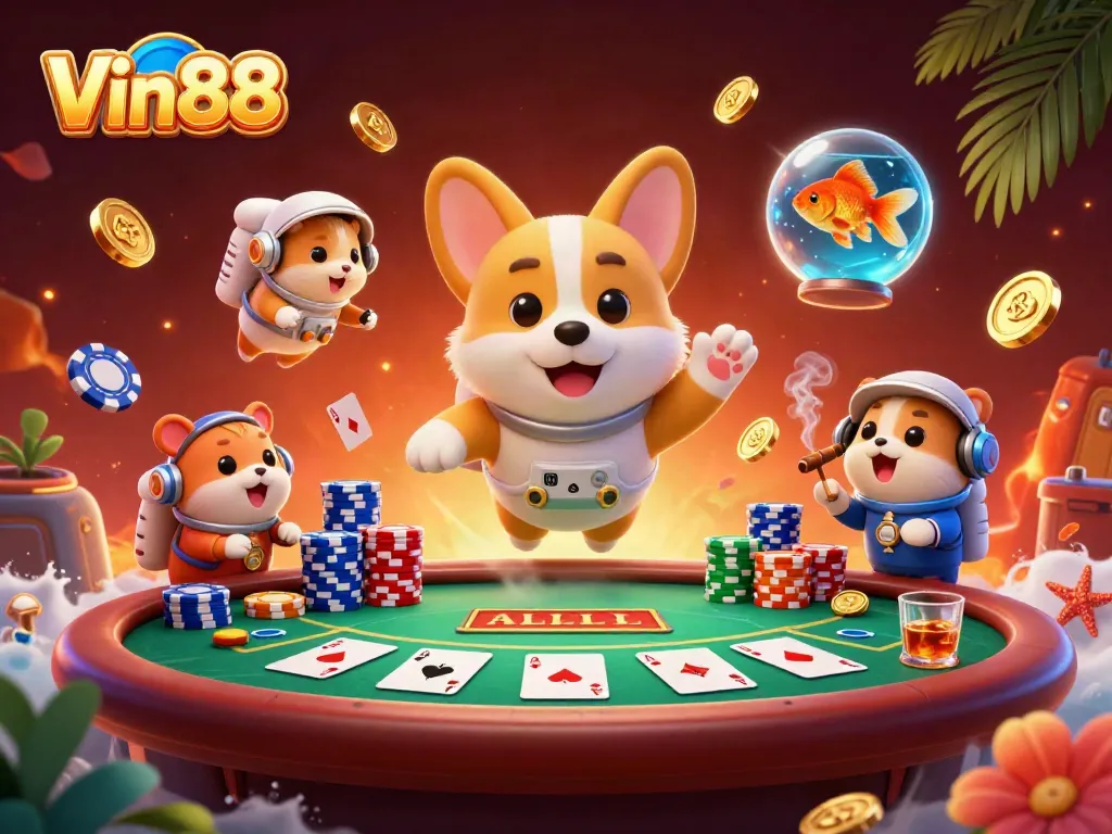 Experience Vin88 excitement with a 3D illustration of playful casino elements including poker chips, cards, and floating characters.