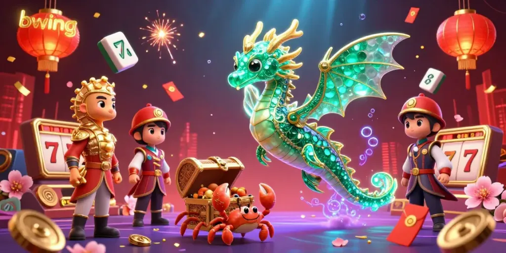 Engage with bwing's vibrant world, featuring an emerald sea dragon, casino elements, and a treasure chest.