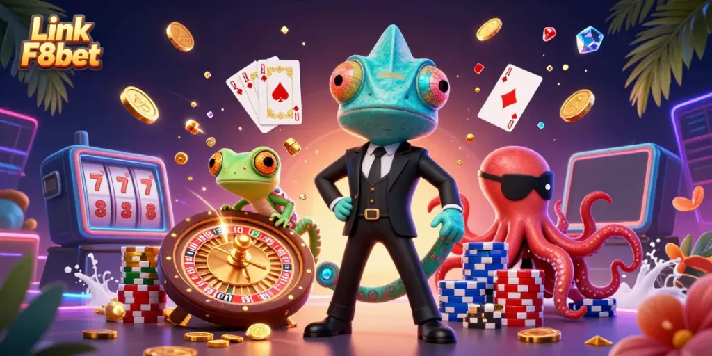 Play thrilling games at Link F8bet with colorful characters and vibrant casino elements.