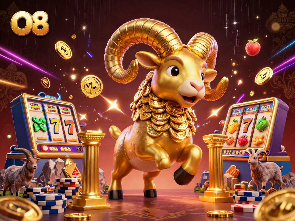 O8 showcases a vibrant casino scene with a golden ram charging past slot reels and jackpot symbols.