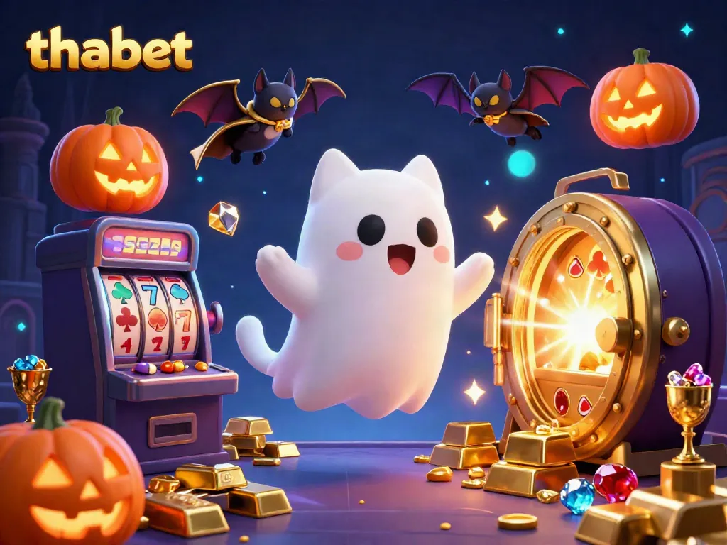 Spin the reels with thabet in a vibrant haunted casino with floating characters and golden treasures.