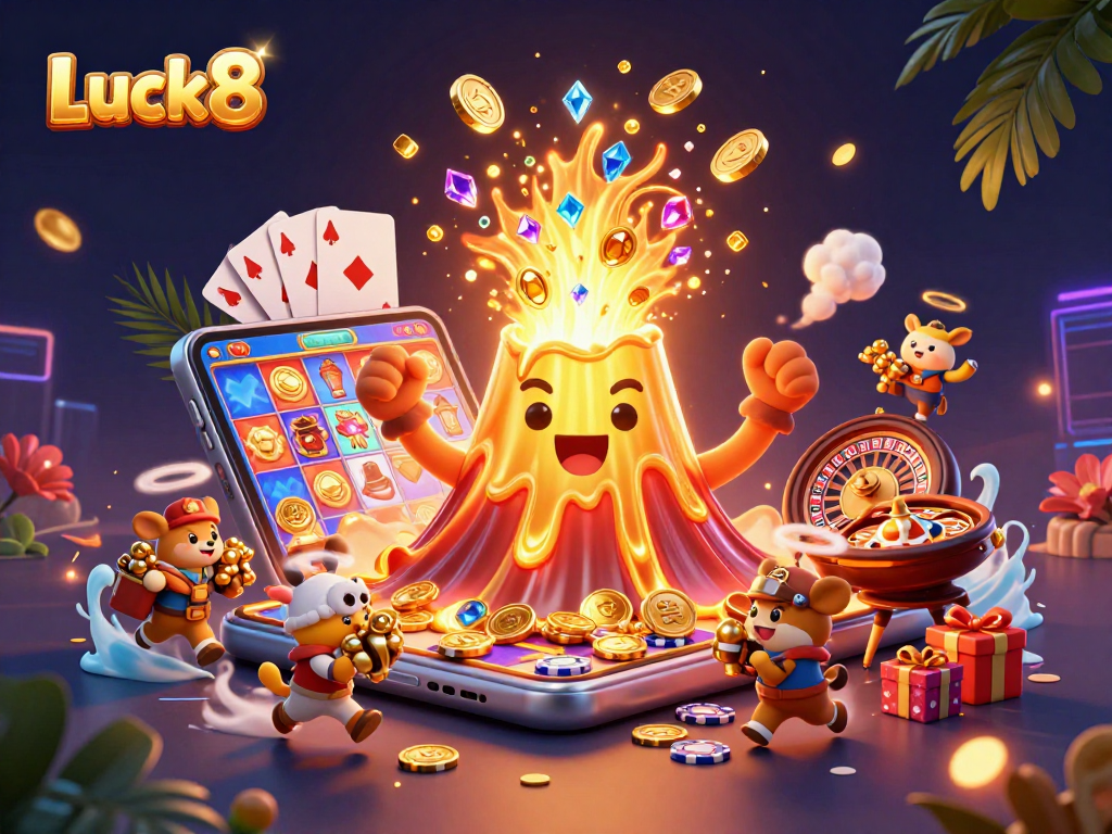 Luck8's dynamic illustration showcasing a golden volcano erupting coins and gems with adventurous animals, perfect for casino excitement.