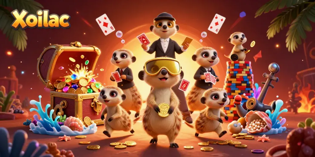 Xoilac brings excitement with a lively 3D meerkat casino scene showcasing colorful gems and lively gameplay