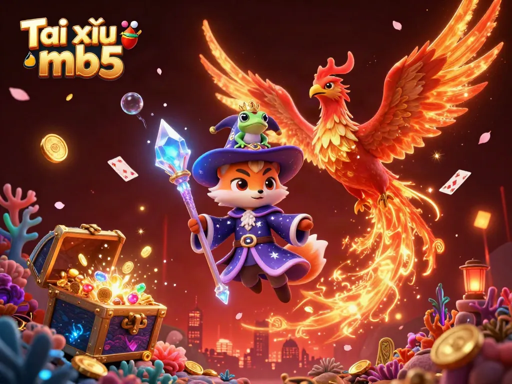 Tài xỉu mb5 showcases a dynamic scene with a wizard fox, phoenix, and enchanted frog amidst vibrant casino elements.