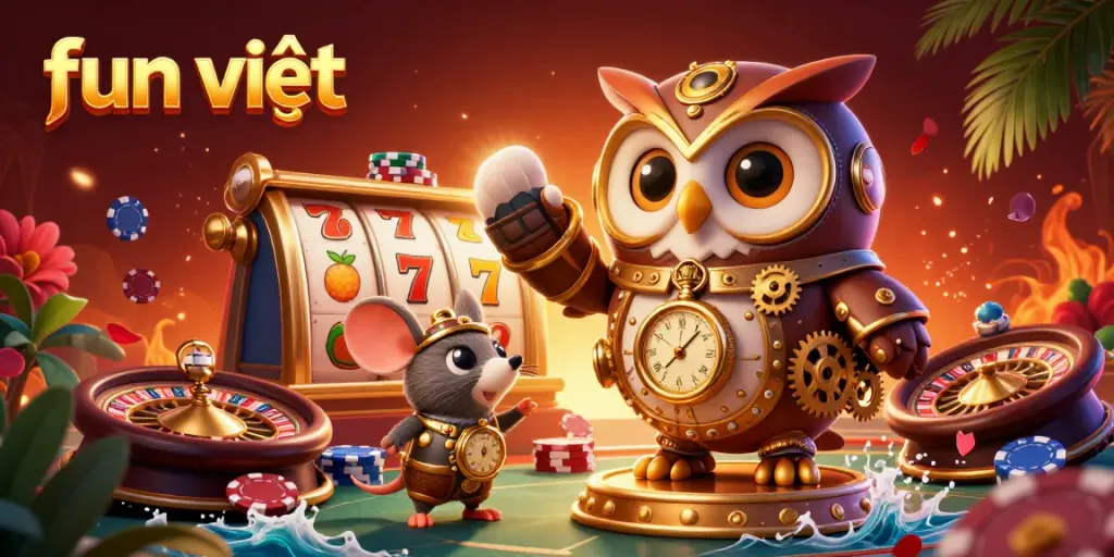 Engage with the exciting fun việt gaming atmosphere featuring a steampunk owl and vibrant casino elements.