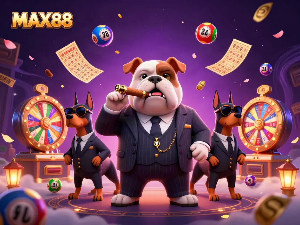 MAX88 showcases a thrilling casino scene with a mafia bulldog and Doberman bodyguards, all amidst vibrant gaming elements.