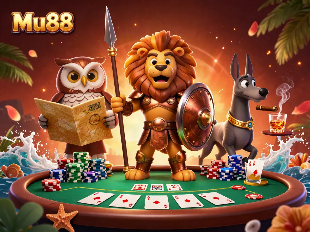 Experience thrilling poker action with Mu88’s vibrant 3D illustration showcasing a Spartan lion, tactical owl, and swift greyhound.