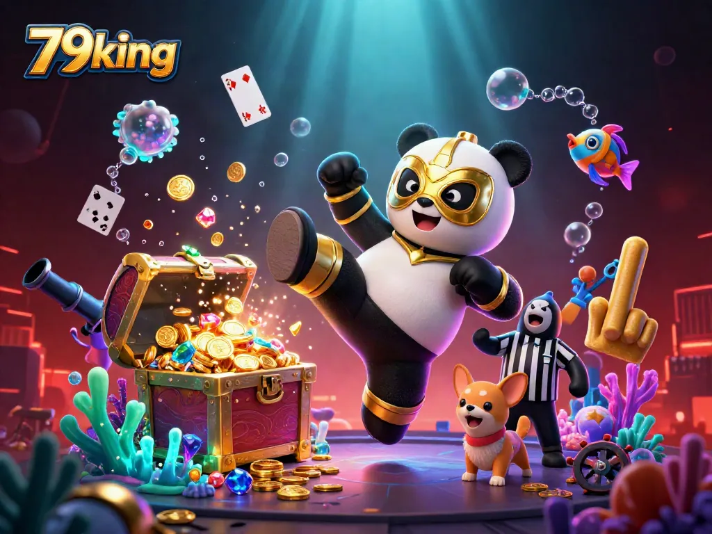 Engage with exciting gameplay at 79king as the panda wrestler performs a flying kick in a vibrant casino scene.