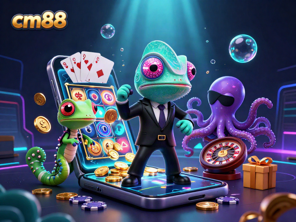 Play exciting games at cm88 with our vibrant casino illustration featuring characters and dynamic slots.