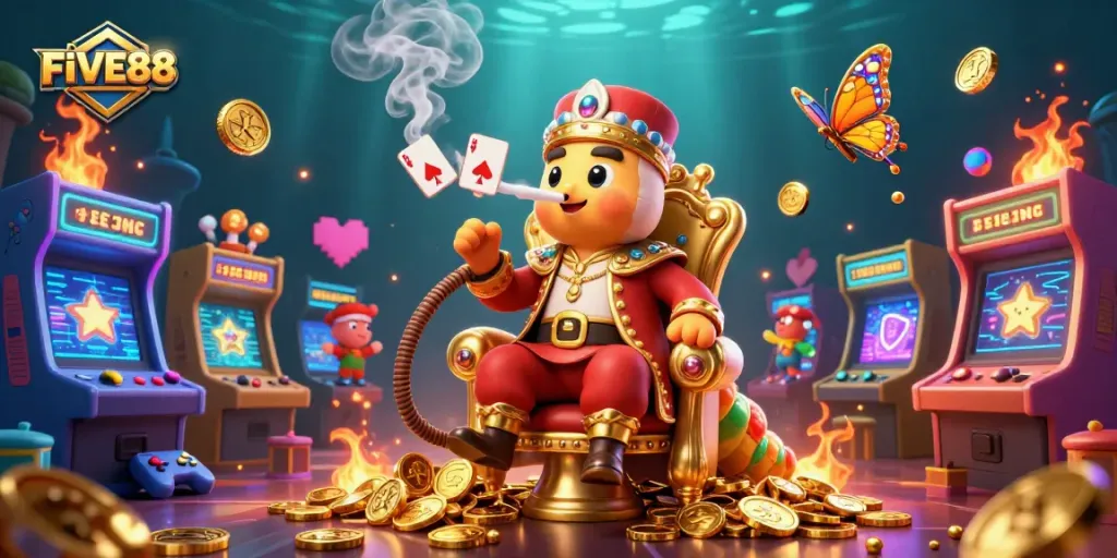 Engage in thrilling poker action at FIVE88's vibrant gaming scene featuring a whimsical caterpillar dealer.