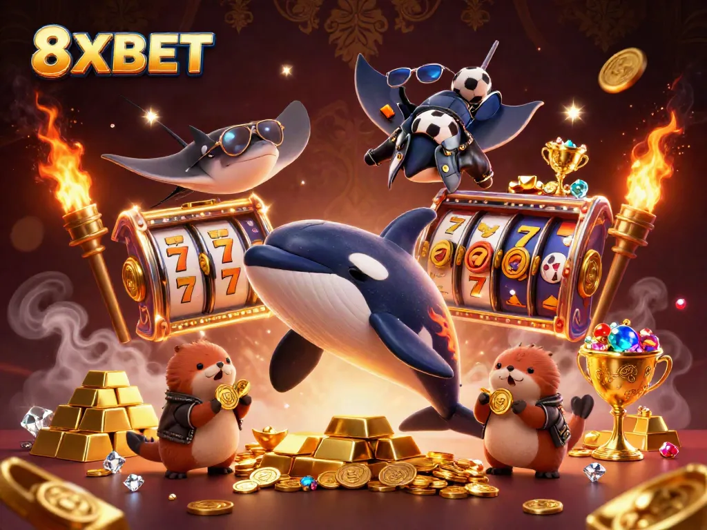 Experience thrilling moments with 8XBET featuring animated characters celebrating jackpot wins in a vibrant casino scene.