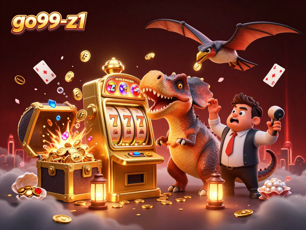 Experience thrilling moments as go99-z1 spins the jackpot slot with vibrant cartoon dinosaurs!