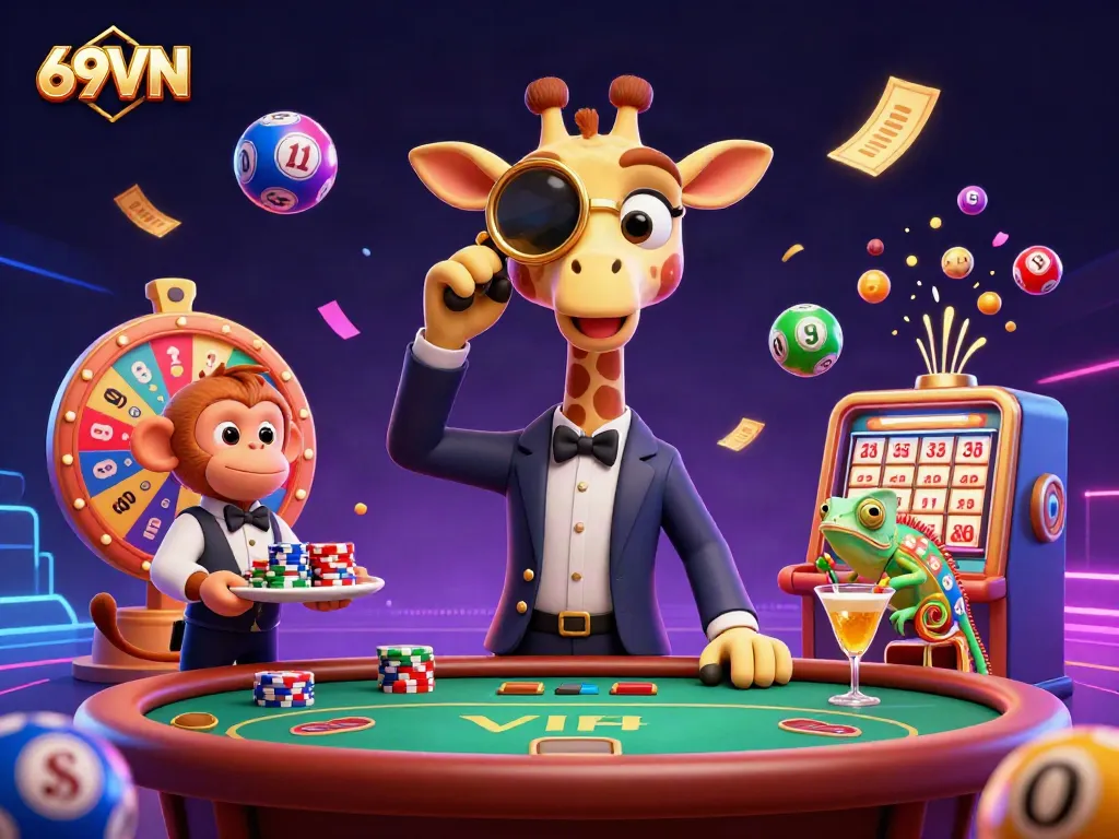 Experience vibrant gaming moments with 69VN in this dynamic casino scene, featuring colorful elements and characters.