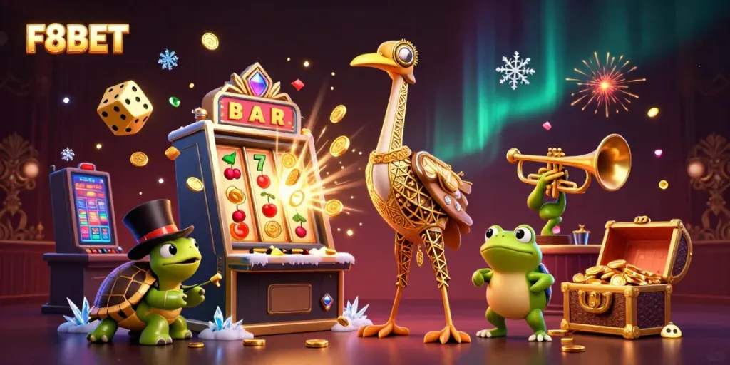Experience thrilling casino excitement with F8BET's vibrant 3D illustration featuring characters and game elements.