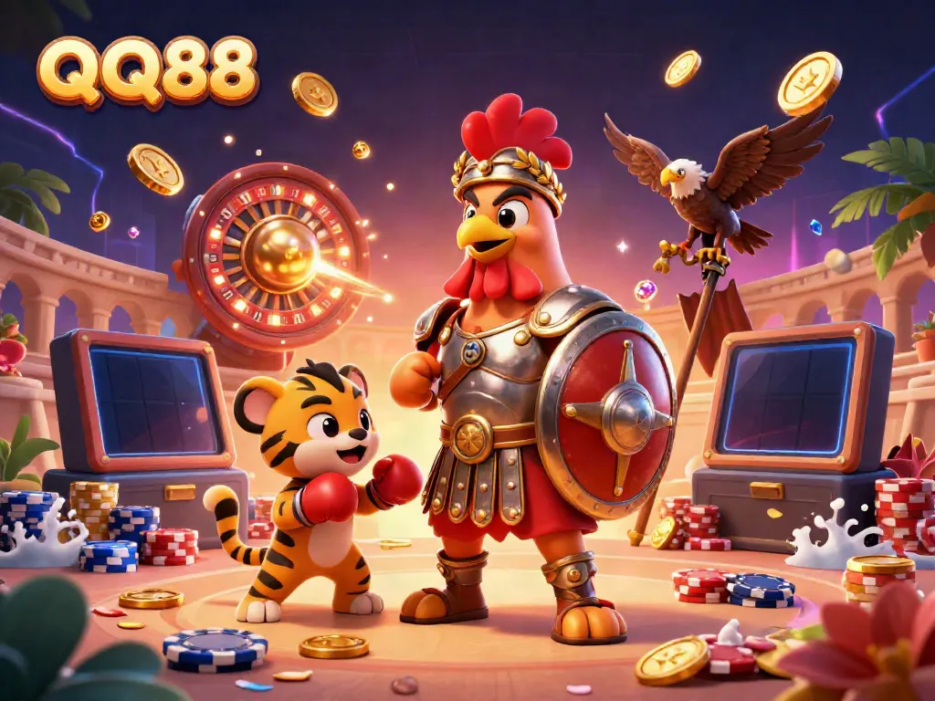 Win big with QQ88: A playful gladiator rooster, tiger cub, and eagle standard unite in a vibrant online casino scene.