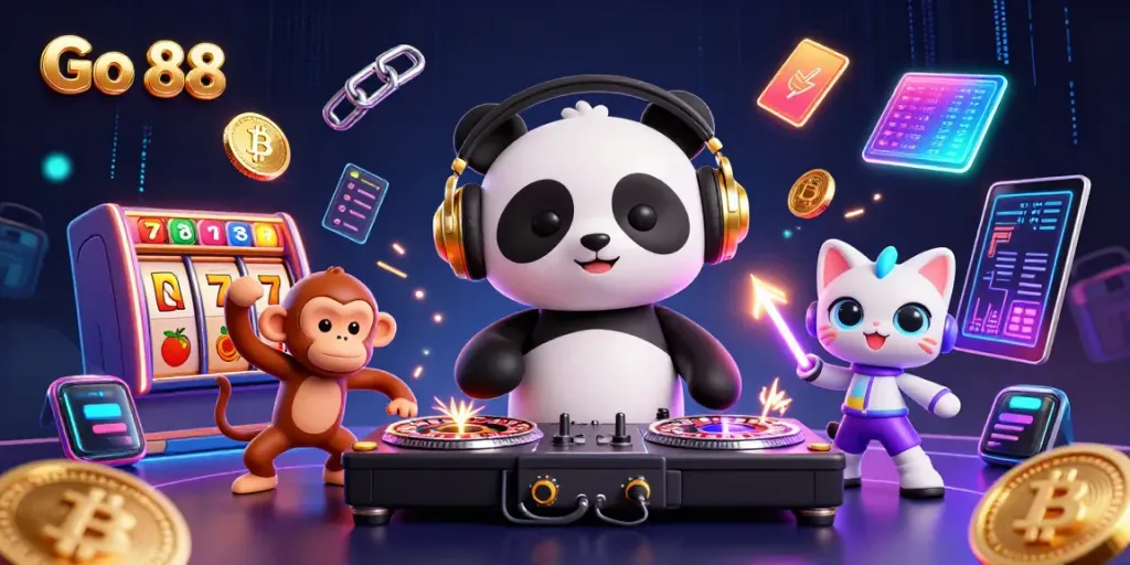 Engage in the thrilling Go 88 experience with DJ panda and friends at a vibrant casino scene.