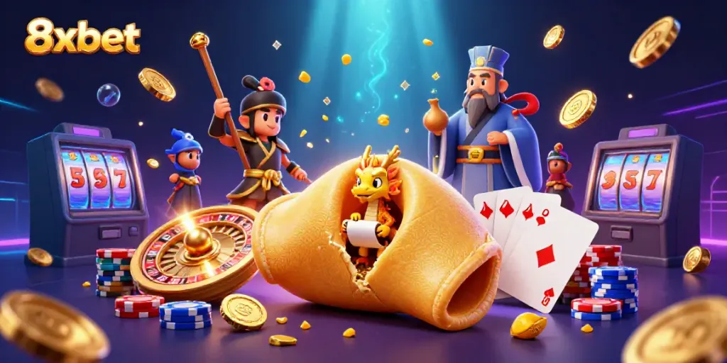 Experience thrilling fun with 8xbet's vibrant gaming scene featuring golden rewards and dynamic characters.