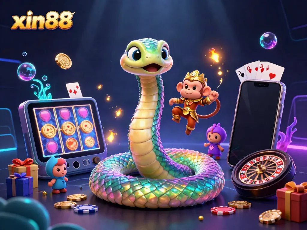 Immerse in the vibrant world of xin88 with a dazzling scene featuring a rainbow serpent, monkey king, and exciting casino elements.