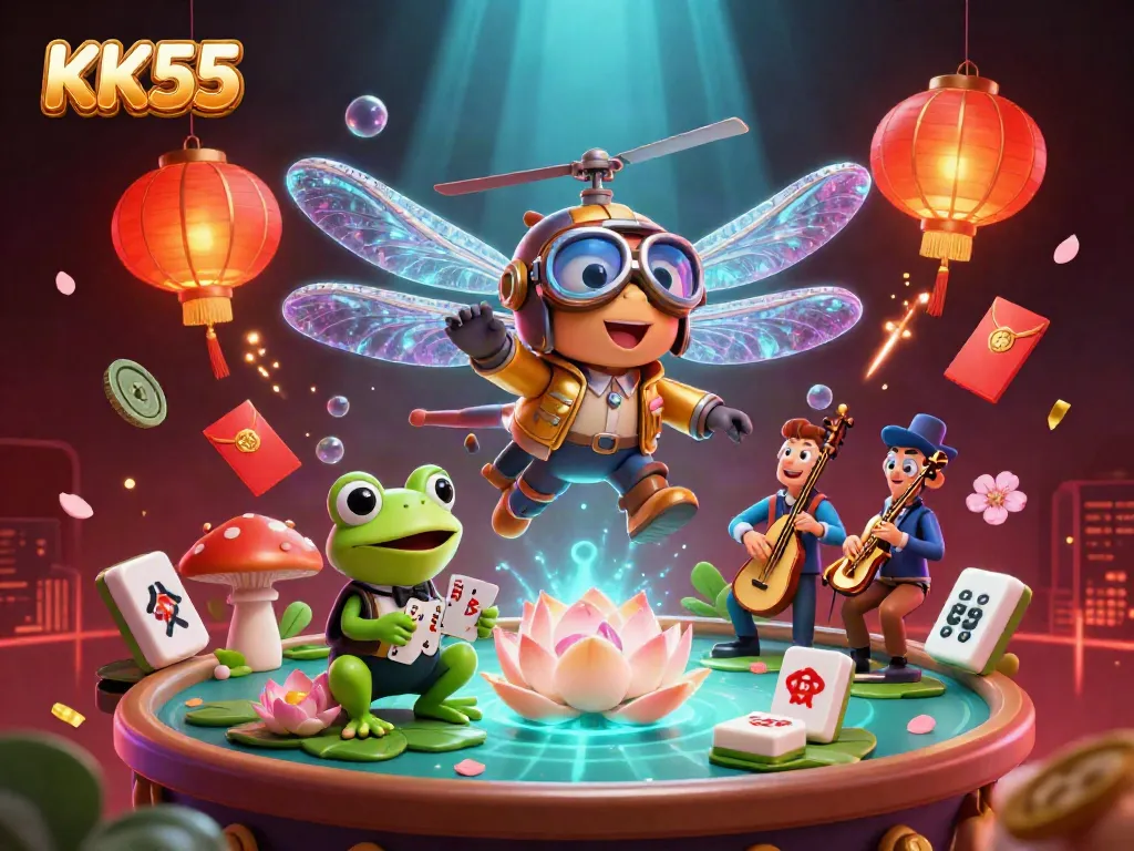 Engage in thrilling casino action at KK55 with a vibrant 3D illustration featuring dynamic characters and gaming elements.