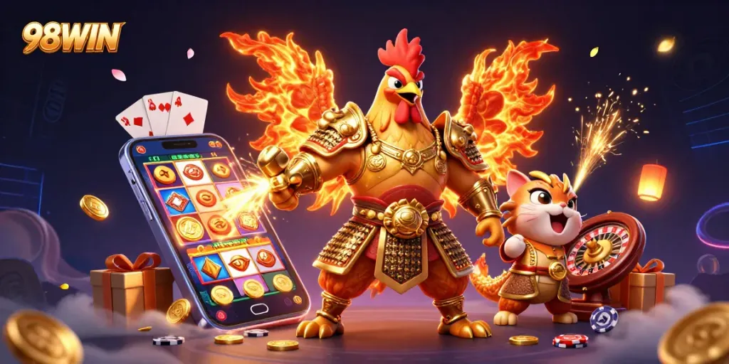 Experience thrilling gaming action with 98WIN's dynamic casino scene, filled with excitement and vibrant visuals.