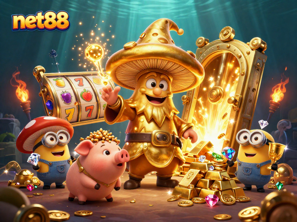 Experience the magic of net88 with a golden mushroom wizard and treasure in an exciting casino scene.