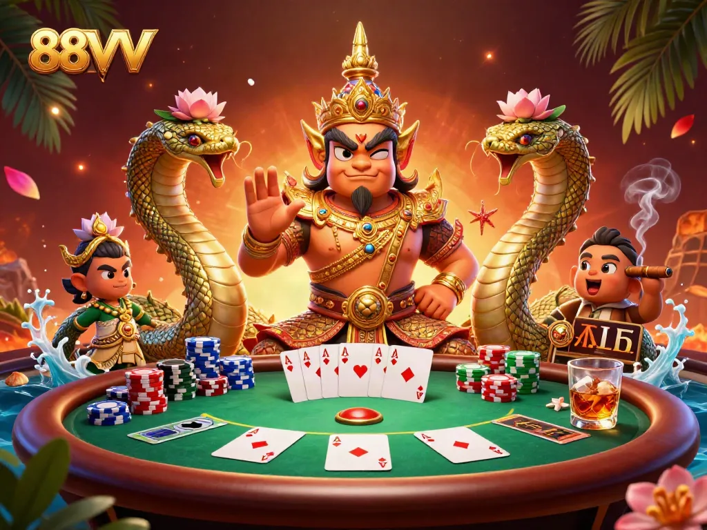 Engage in thrilling gameplay at 88VV with vibrant poker scenes featuring Thai guardian and Naga serpents.