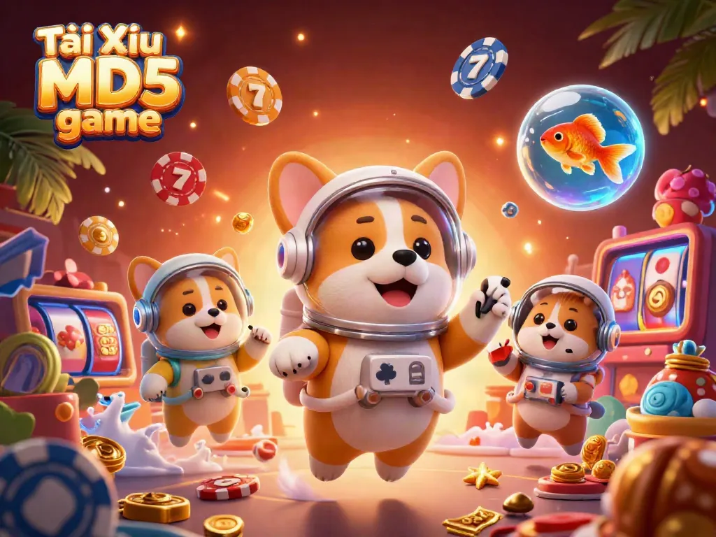 Tài Xỉu MD5 game features an astronaut corgi in a colorful casino with drifting coins and gaming elements.