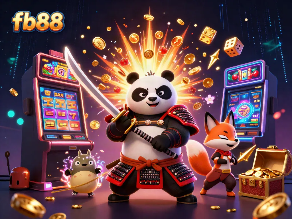 Experience fb88 excitement with a vibrant samurai panda and ninja fox amidst a jackpot explosion.