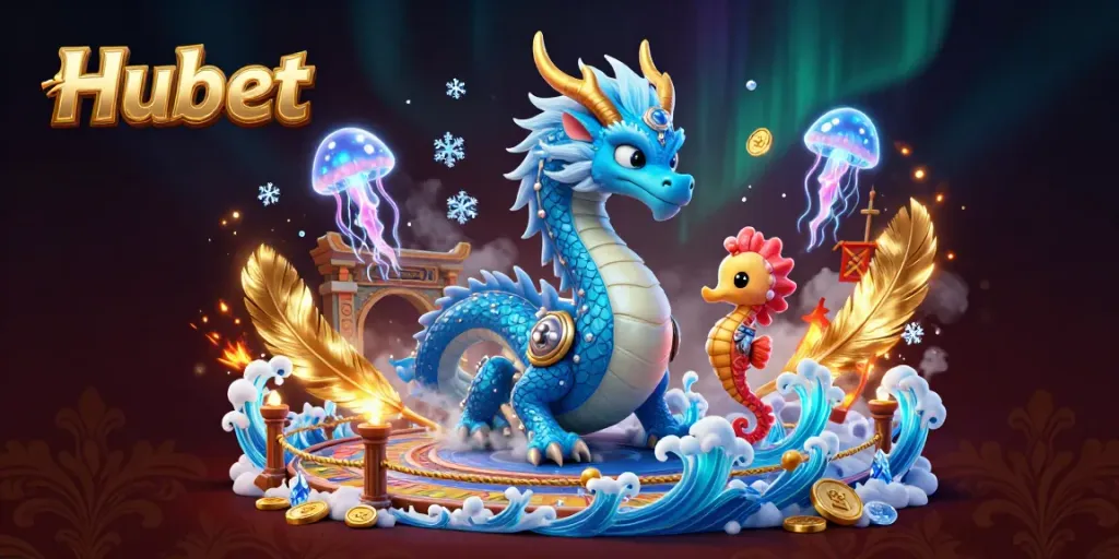 Engage in thrilling gaming adventures at Hubet with an azure dragon and knight in a vibrant casino setting