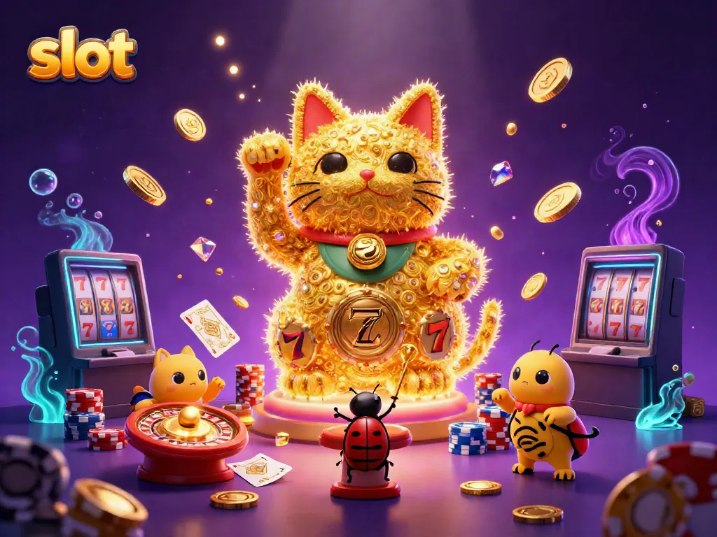 Play slots with the lucky cat and fireflies in a vibrant casino atmosphere.