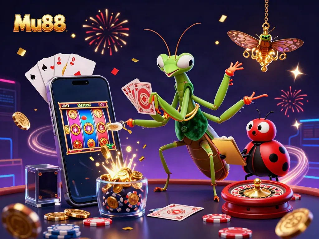 Mu88 showcases vibrant slot games and festive action in a dynamic 3D casino design.