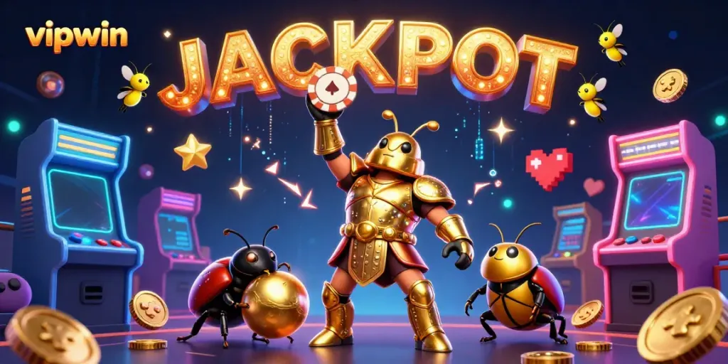 Win big at vipwin with a 3D cartoon hercules beetle celebrating jackpot victory among vibrant casino elements.