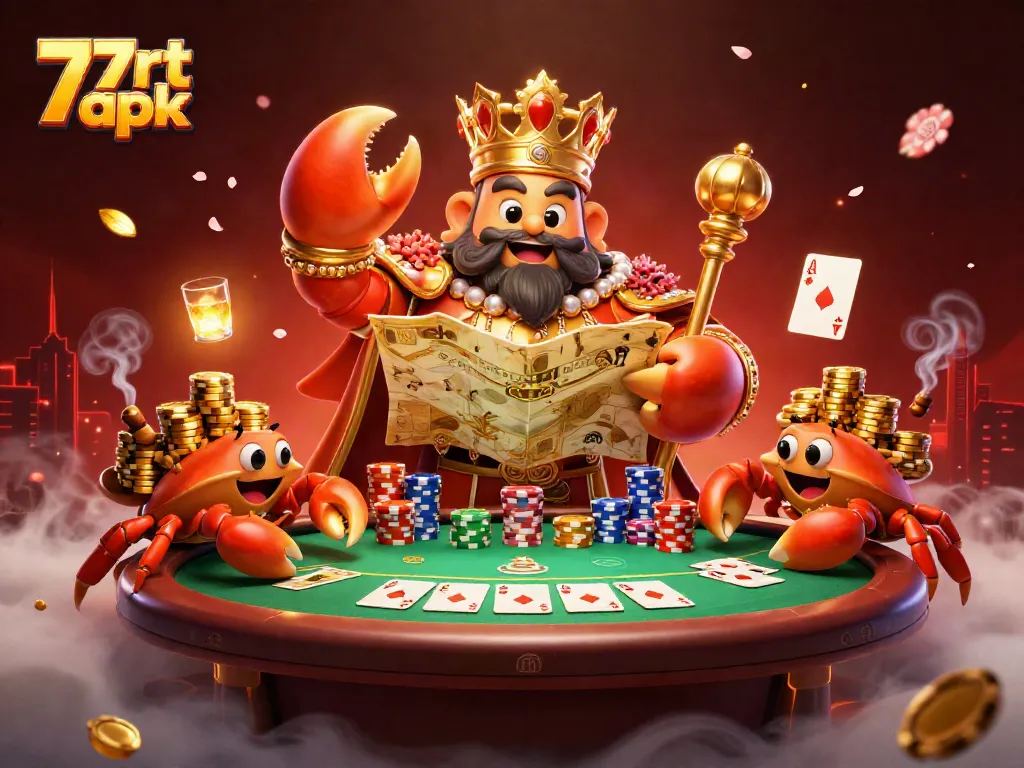 Join the fun with 77rt apk in this vibrant 3D illustration of a casino scene with a crab emperor.