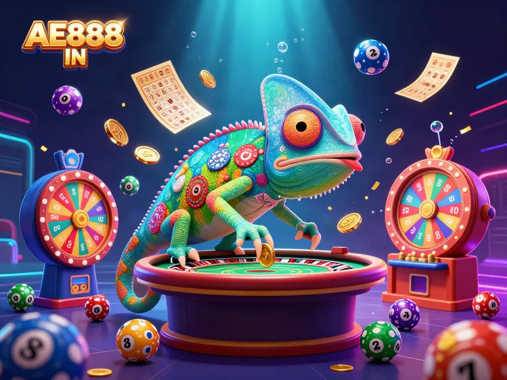 Experience the vibrant thrill of AE888 IN, featuring a chameleon casino owner in a dynamic gambling scene.