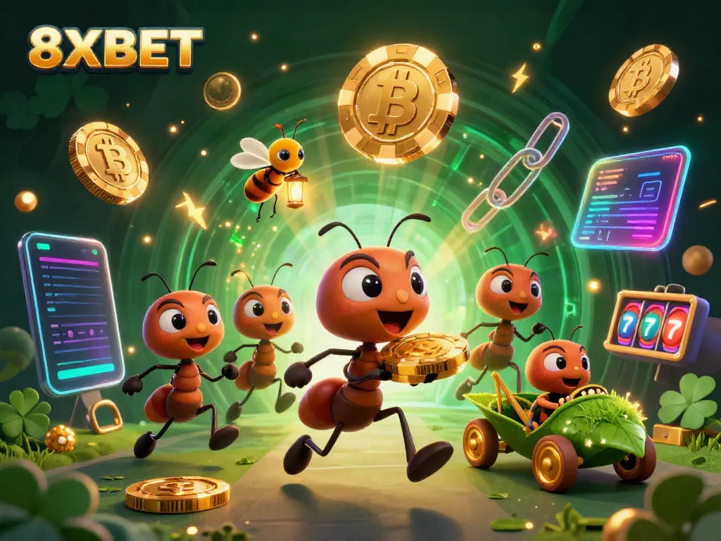 8XBET teams up cartoon ants in a heist with golden poker chips in a vibrant casino-themed illustration.