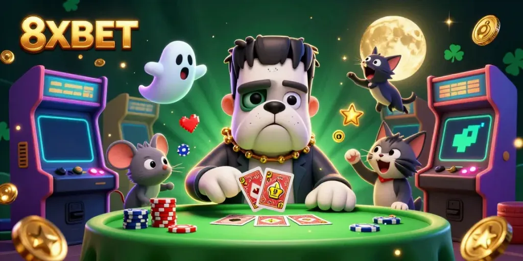 Engage in thrilling gameplay at 8XBET with a vibrant casino scene featuring iconic characters and gaming elements.
