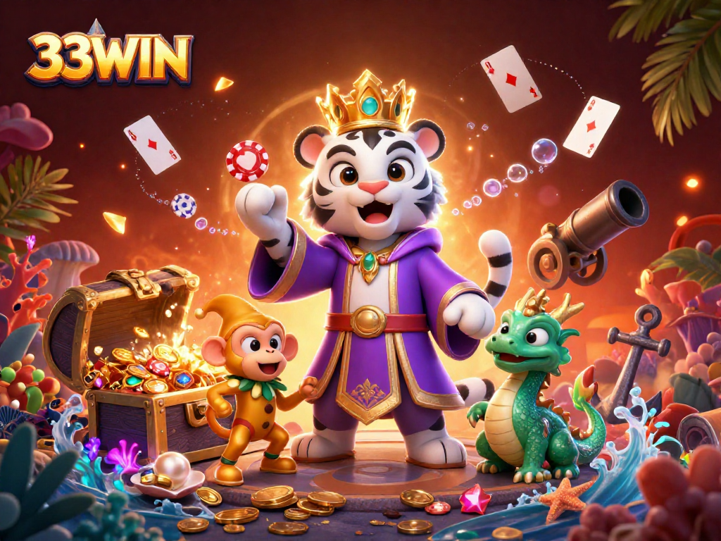 Spin and win at 33WIN with a vibrant casino-themed illustration featuring a playful scene.
