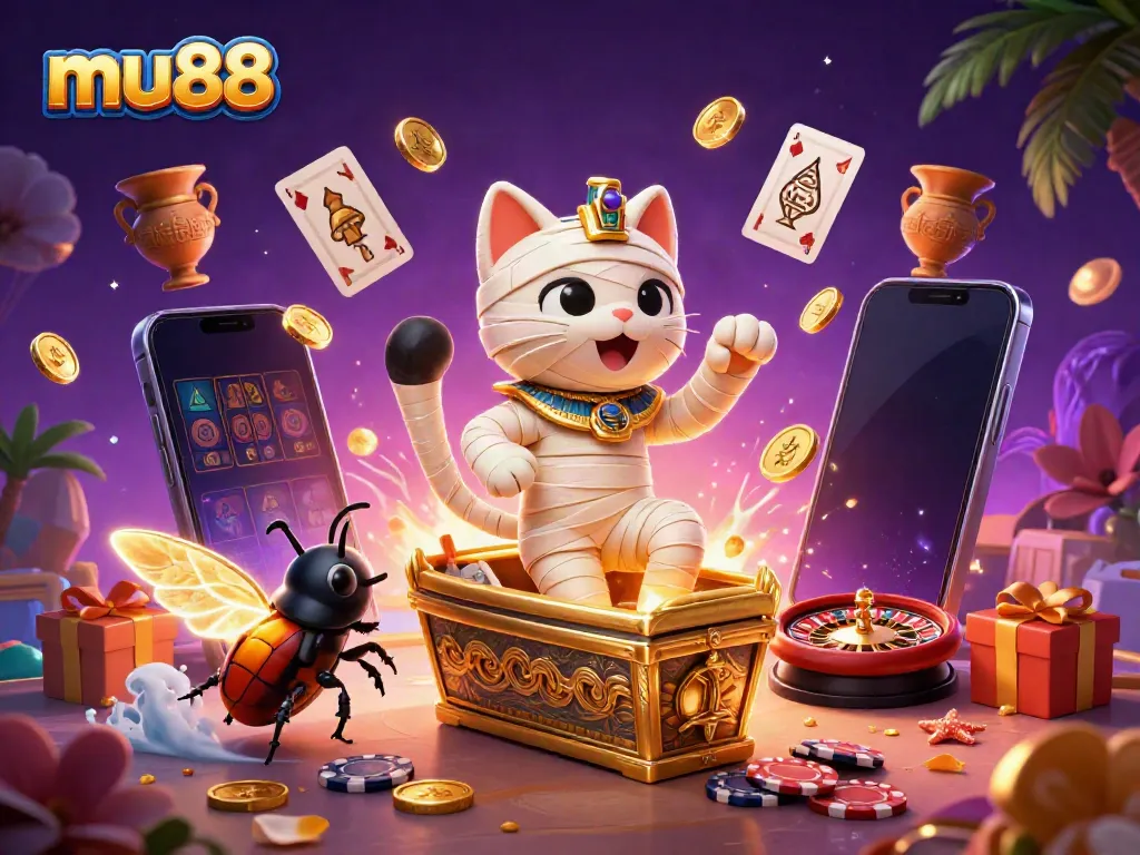 Engage in thrilling games at mu88 with a dynamic scene featuring a mummy cat and casino elements.