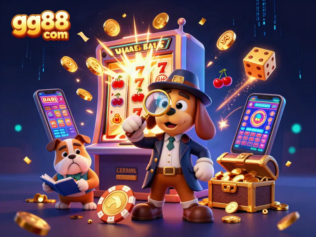 Experience winning thrills with gg88 com in this vibrant 3D illustration featuring detectives and casino elements.